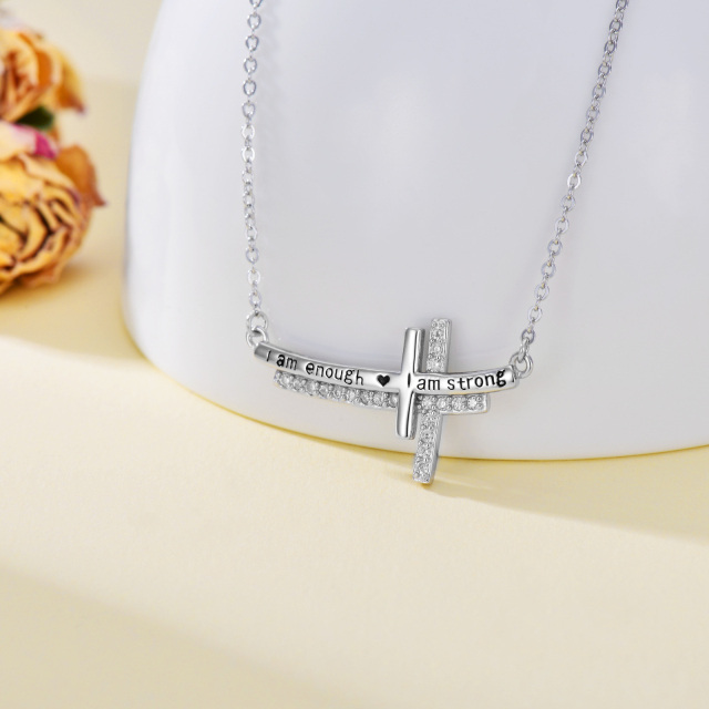 Sterling Silver Round Cubic Zirconia Cross Bar Necklace with Engraved Word-2