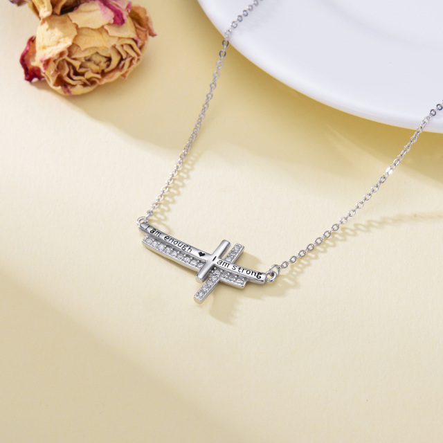 Sterling Silver Round Cubic Zirconia Cross Bar Necklace with Engraved Word-3