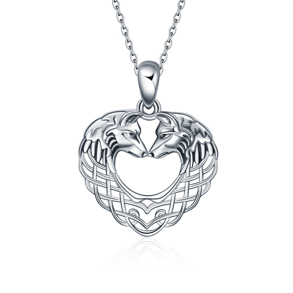 Sterling Silver Wolf & Heart Pendant Necklace-1