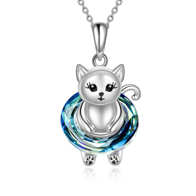 Sterling Silver Circular Shaped Cat Pendant Necklace-0