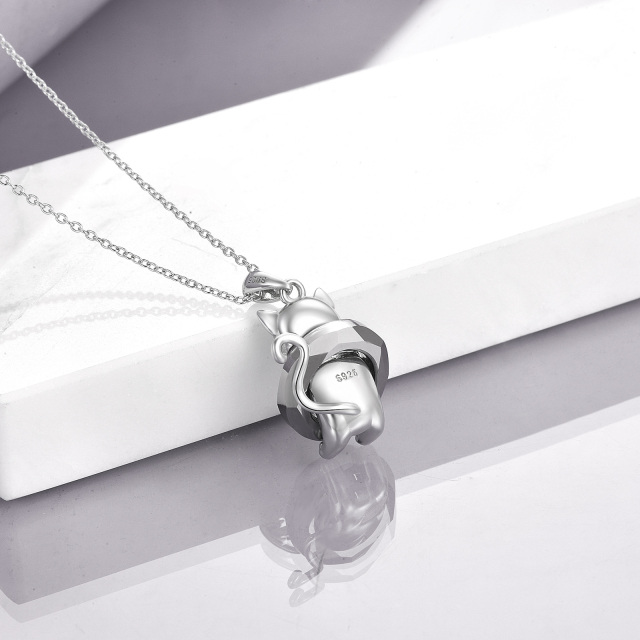 Sterling Silver Circular Shaped Cat Pendant Necklace-3