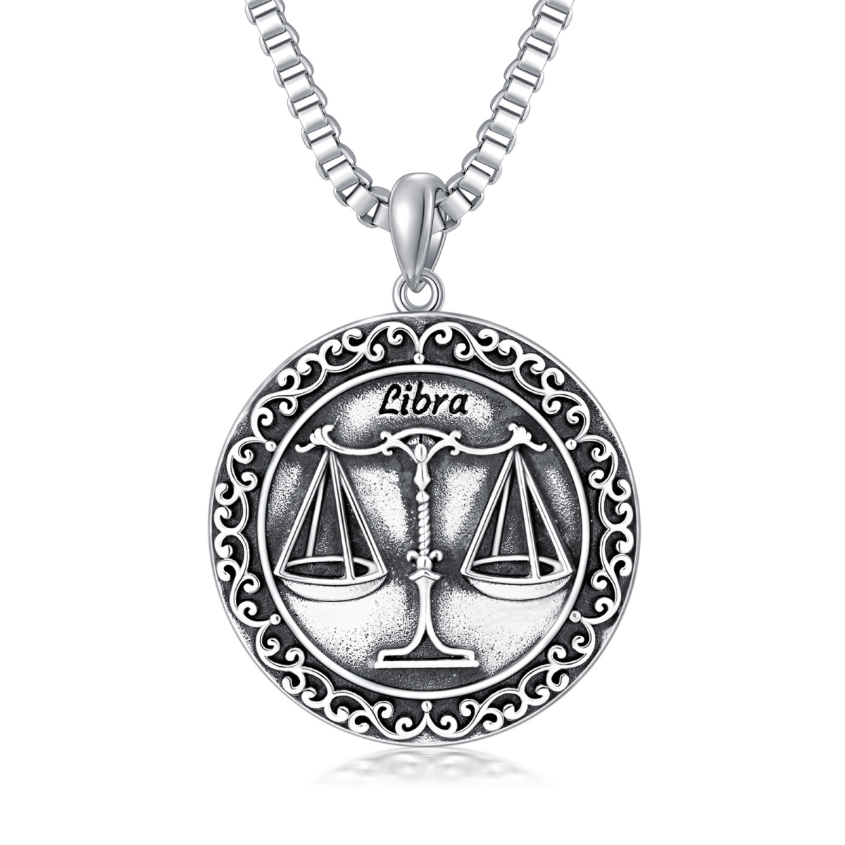 Sterling Silver Libra & Round Pendant Necklace for Men-1