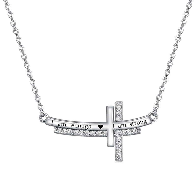 Sterling Silver Round Cubic Zirconia Cross Bar Necklace with Engraved Word
