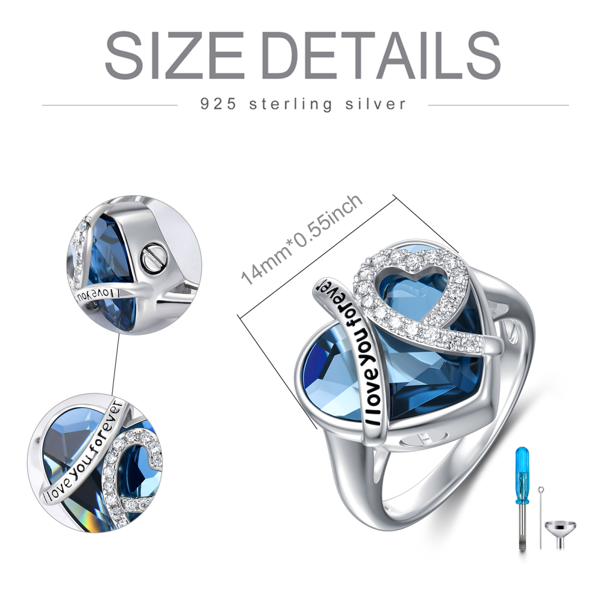 Sterling Silver Blue Crystal Heart Urn Ring Engraved I Love You Forever-5