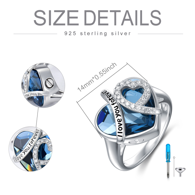 Sterling Silver Blue Crystal Heart Urn Ring Engraved I Love You Forever-4