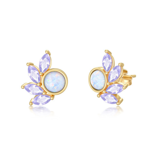 14K Gold Opal Round Stud Earrings-5