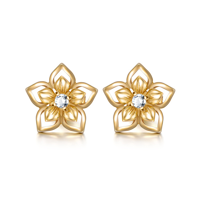14K Gold Circular Shaped Cubic Zirconia Peach Blossom Stud Earrings-1