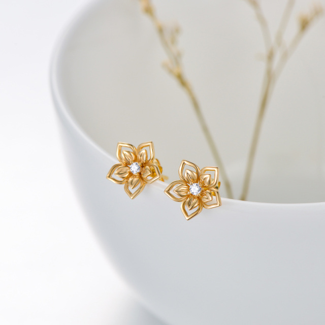 14K Gold Circular Shaped Cubic Zirconia Peach Blossom Stud Earrings-3