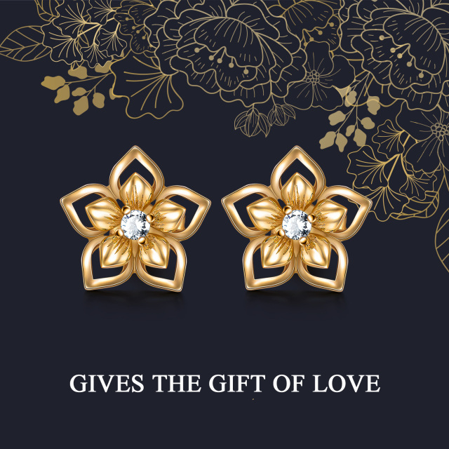 14K Gold Circular Shaped Cubic Zirconia Peach Blossom Stud Earrings-6