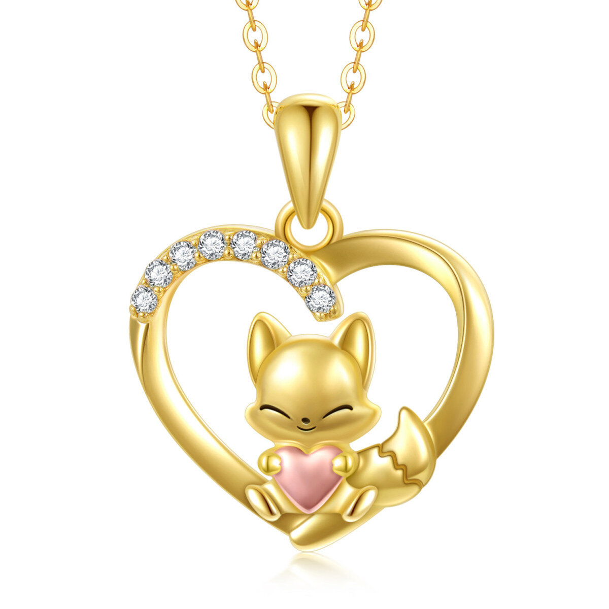 14K Gold & Rose Gold Cubic Zirconia Fox & Heart Pendant Necklace-1