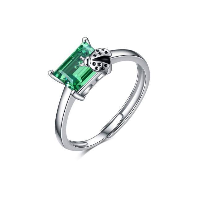 Joaninha de prata esterlina com anel aberto ajustável de cristal verde esmeralda-0