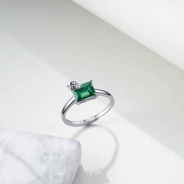 Joaninha de prata esterlina com anel aberto ajustável de cristal verde esmeralda-2