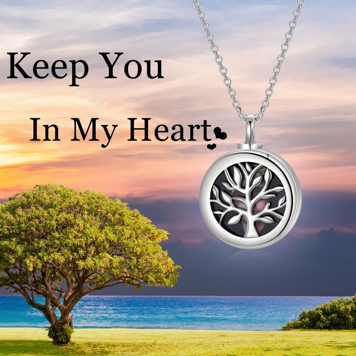 Sterling Silber Baum des Lebens personalisierte Foto Medaillon Urne Halskette für Asche-6