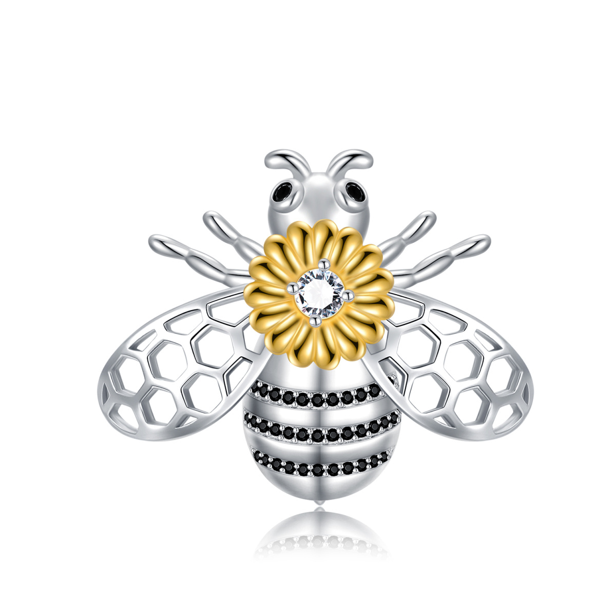 Sterling Silver Honey Bee Brooch Pins with Sunflower 5A Cubic Zicornia-1