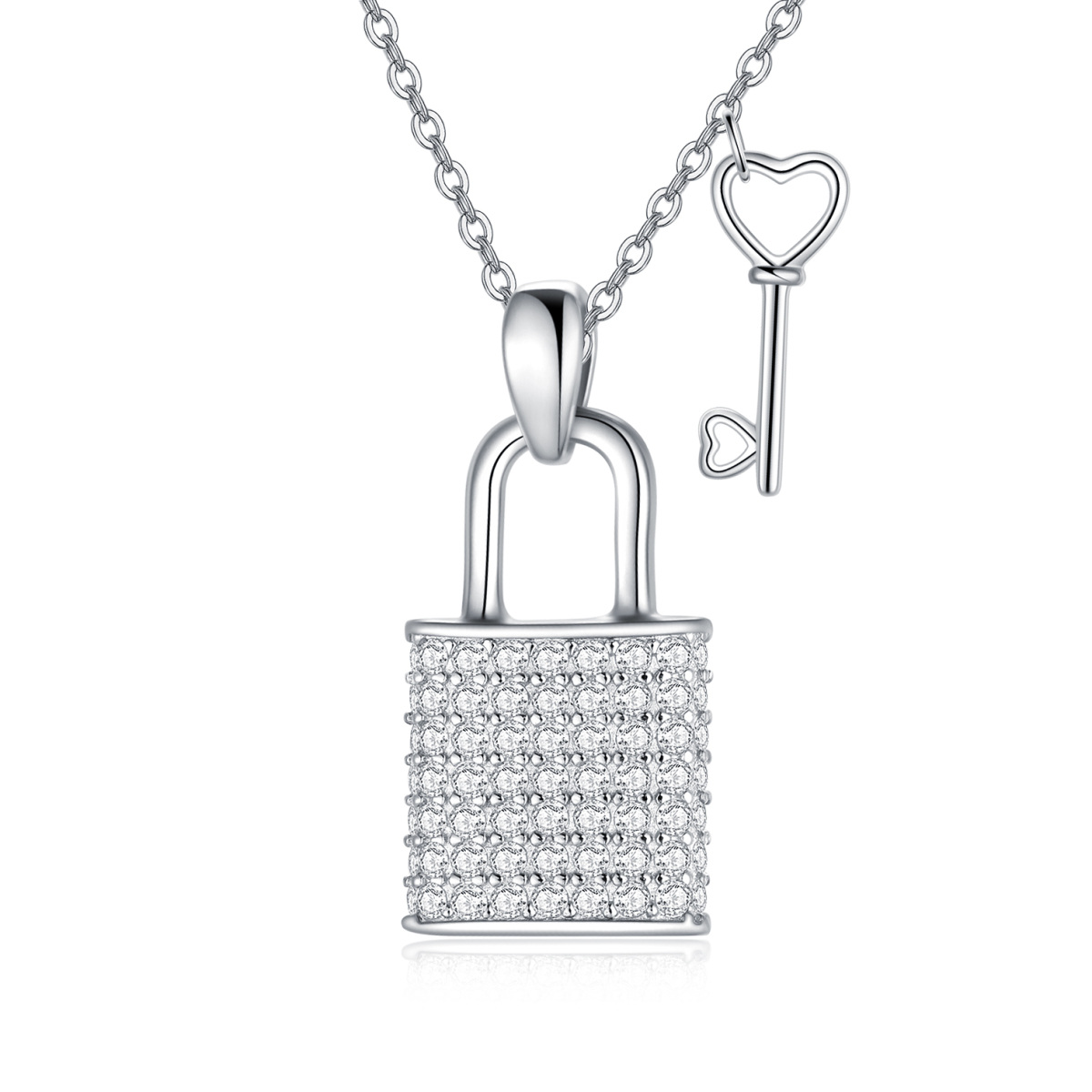 Collar colgante de plata de ley con forma circular de circonita, corazón y llave y cerradu-1