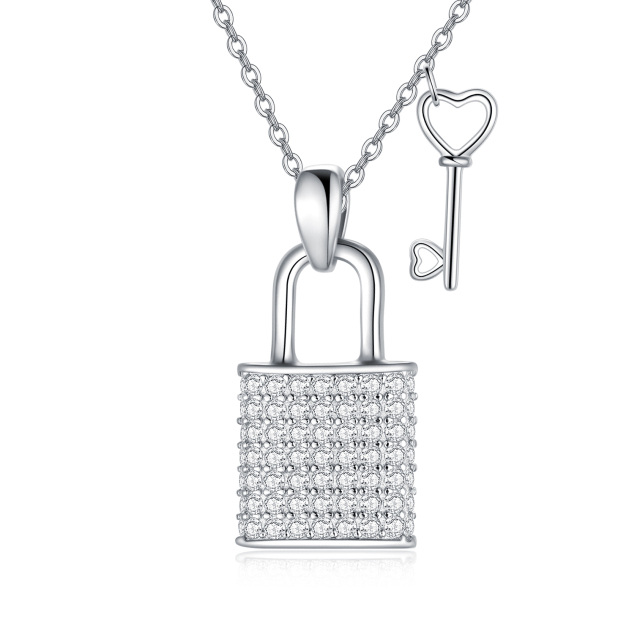 Sterling Silver Circular Shaped Cubic Zirconia Heart & Key & Lock Pendant Necklace-0