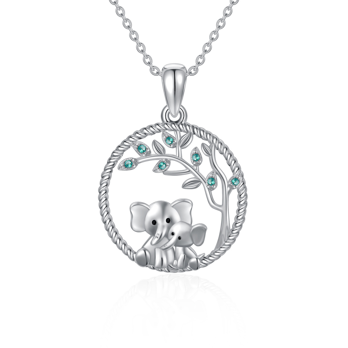 Sterling Silver Circular Shaped Cubic Zirconia Elephant & Tree Of Life Pendant Necklace-1