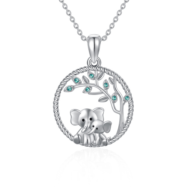 Sterling Silver Circular Shaped Cubic Zirconia Elephant & Tree Of Life Pendant Necklace-3