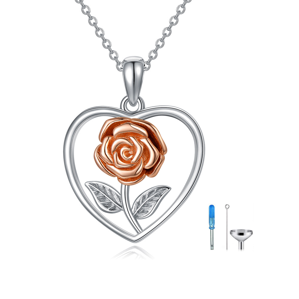 Sterling Silver Two-tone Rose & Heart Urn Necklace for Ashes-1