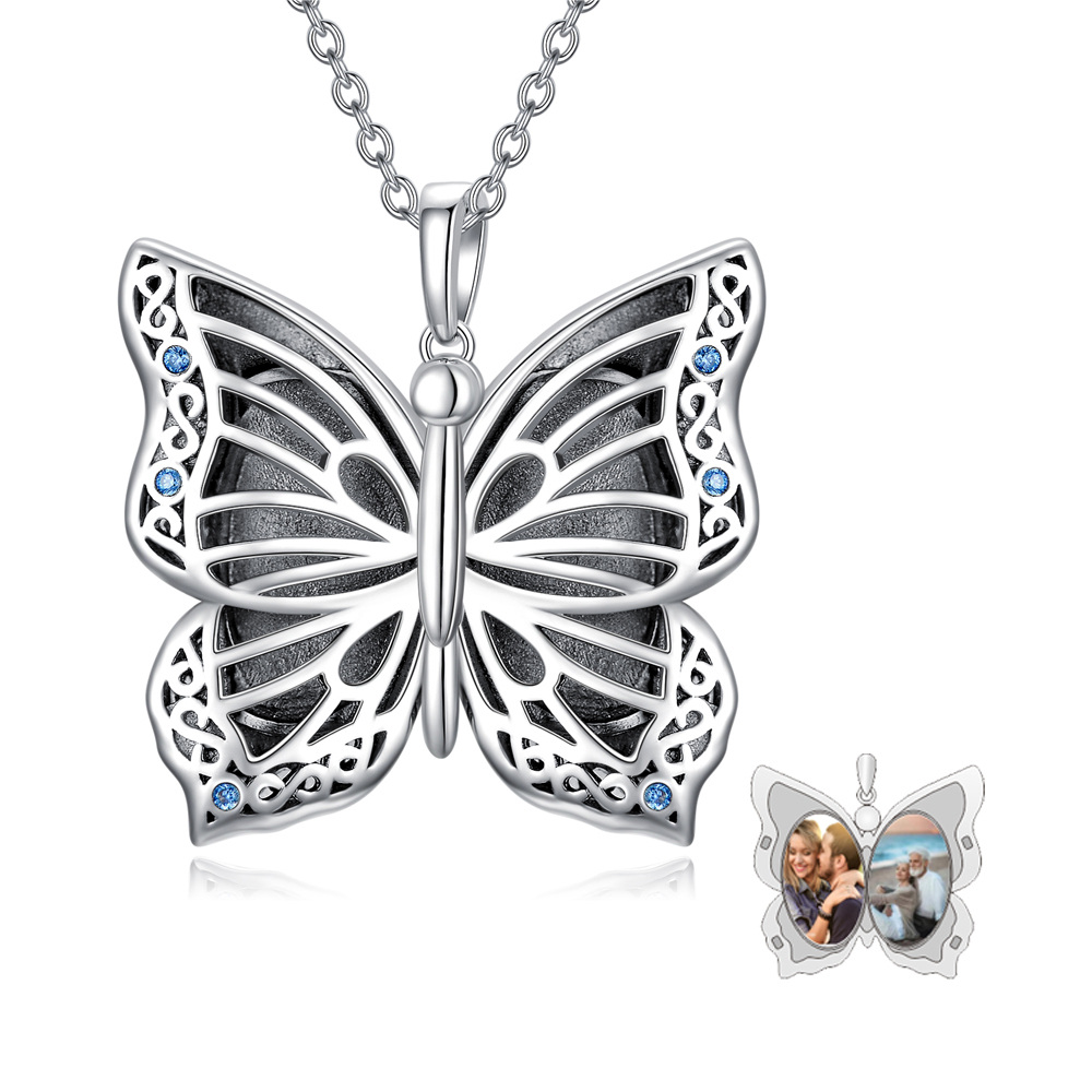 Sterling Silver Circular Shaped Butterfly Personalized Photo Locket Necklace-1