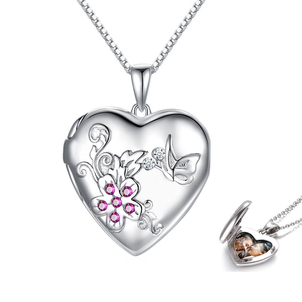 Sterling Silver Cubic Zirconia Heart Personalized Photo Locket Necklace-1