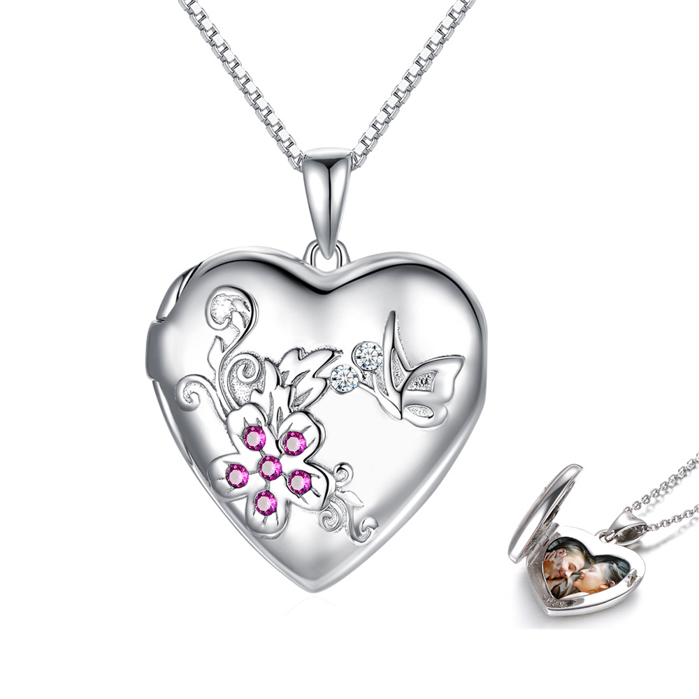 Collar con medallón con fotografía personalizado con forma de corazón y circonita cúbica en plata de ley-1