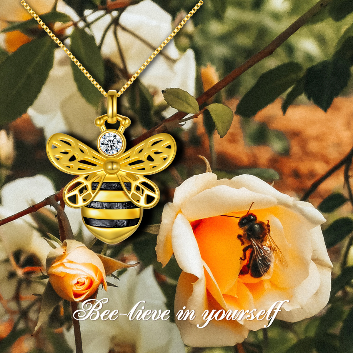 Sterling Silver with Yellow Gold Plated Circular Shaped Bee Personalized Photo Locket Necklace-7
