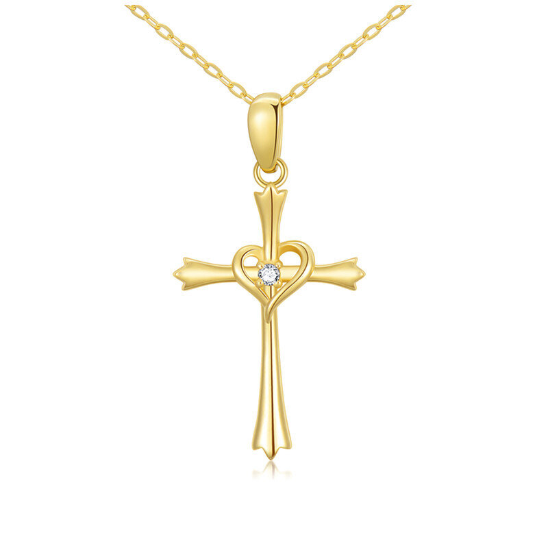 14K Gold Zircon Cross Pendant Necklace-1