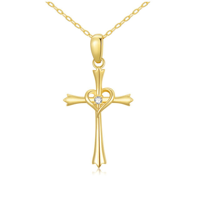 14K Gold Zircon Cross Pendant Necklace-3