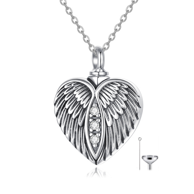 Sterling Silver Circular Shaped Cubic Zirconia Angel Wing & Heart Urn Necklace for Ashes with Engraved Word-1