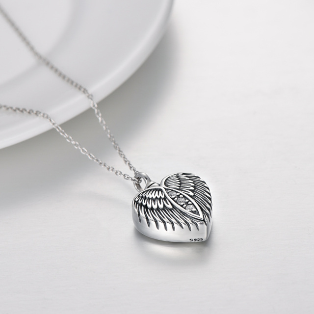 Sterling Silver Circular Shaped Cubic Zirconia Angel Wing & Heart Urn Necklace for Ashes with Engraved Word-3