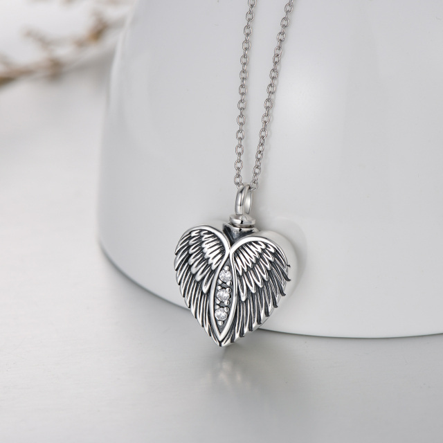 Sterling Silver Circular Shaped Cubic Zirconia Angel Wing & Heart Urn Necklace for Ashes with Engraved Word-6
