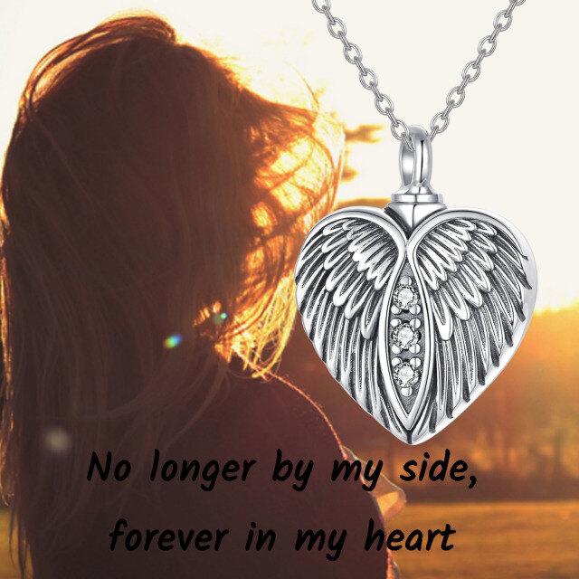 Sterling Silver Circular Shaped Cubic Zirconia Angel Wing & Heart Urn Necklace for Ashes with Engraved Word-7