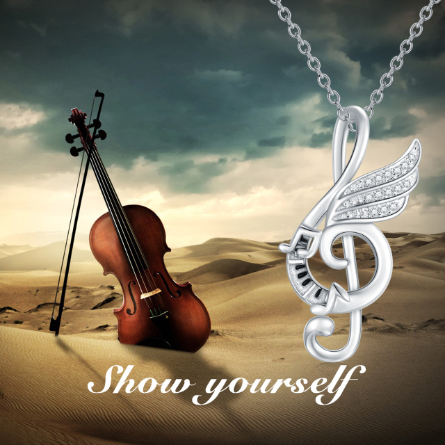 Sterling Silver Round Cubic Zirconia Music Symbol Pendant Necklace-2