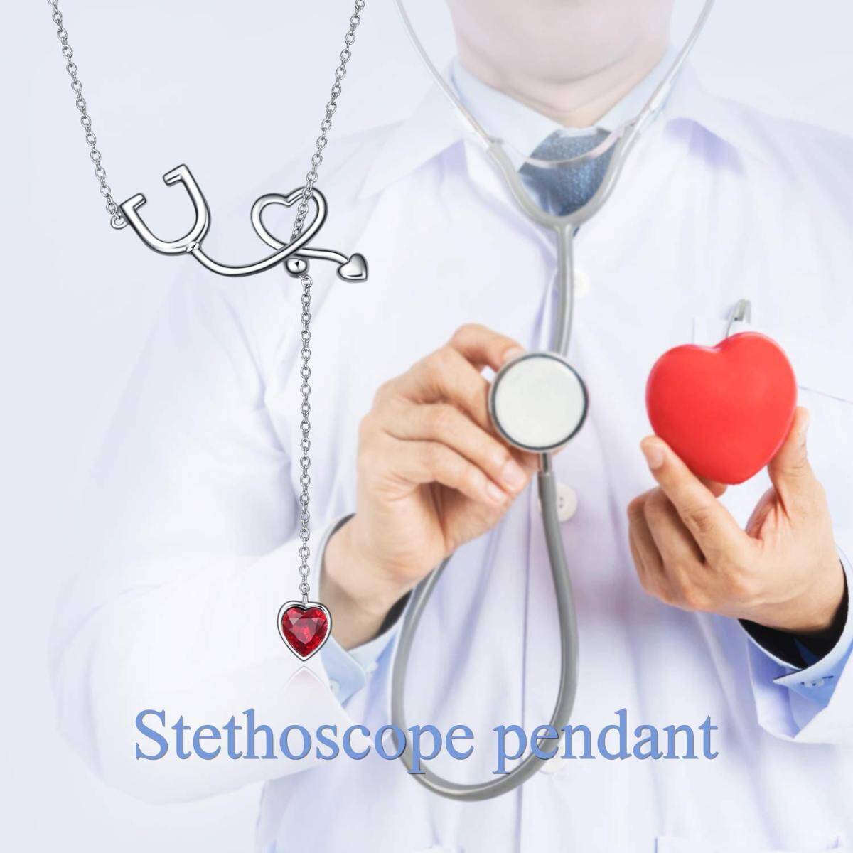 Sterling Silver Heart Crystal Stethoscope Pendant Necklace-6