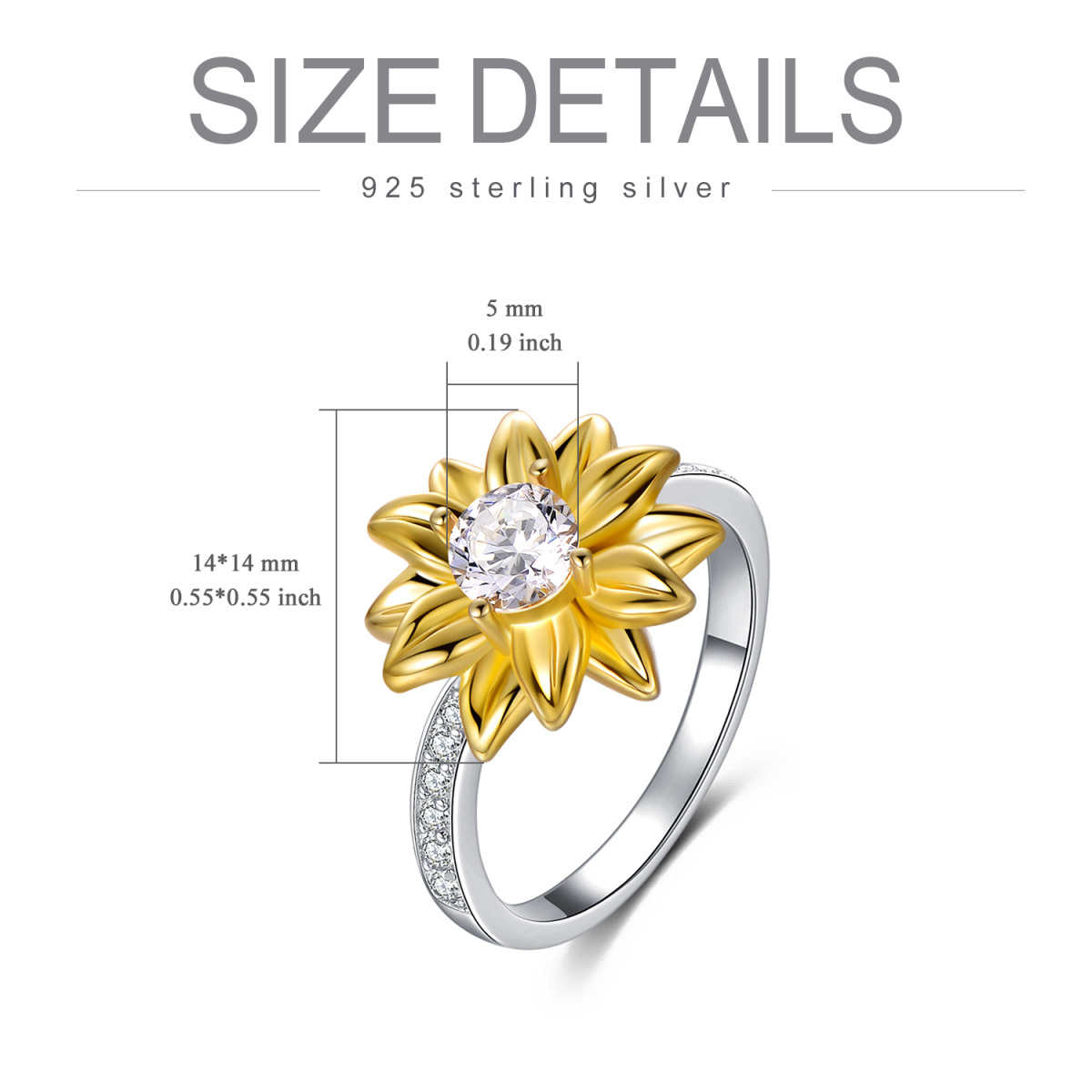 Sterling Silver Two-tone Circular Shaped Cubic Zirconia Sunflower Ring-5