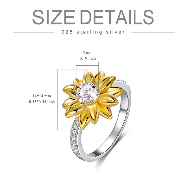 Sterling Silver Two-tone Circular Shaped Cubic Zirconia Sunflower Ring-4