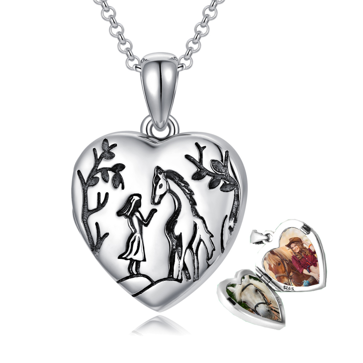925 Sterling Silber Personalisierte Herz Und Pferd Foto Medaillon Halskette Foto Anhänger-1