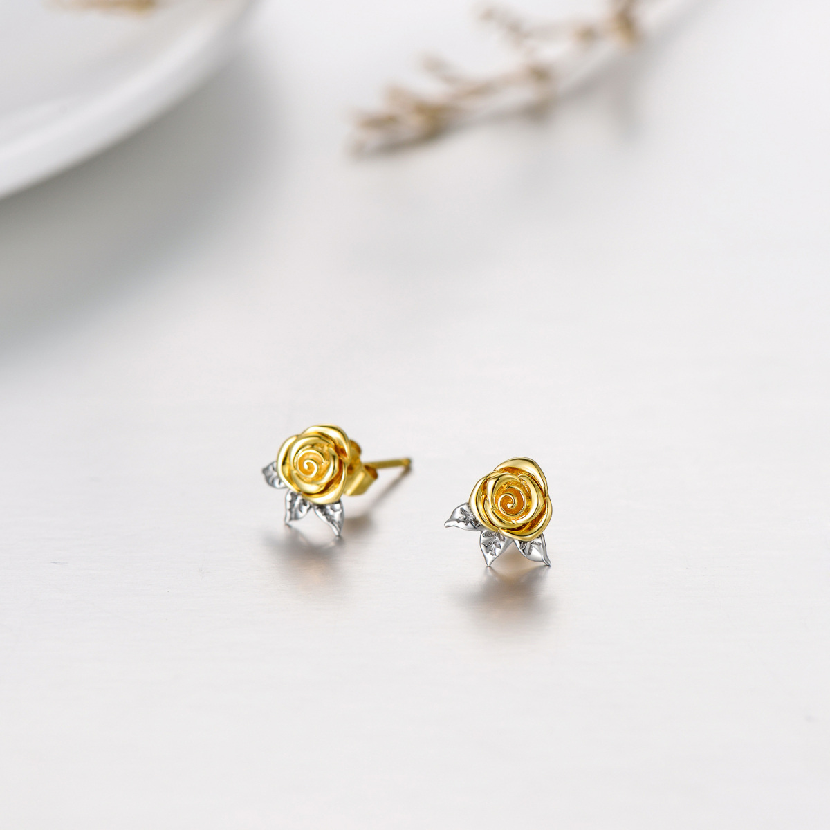 14K White Gold & Yellow Gold Rose Stud Earrings-3