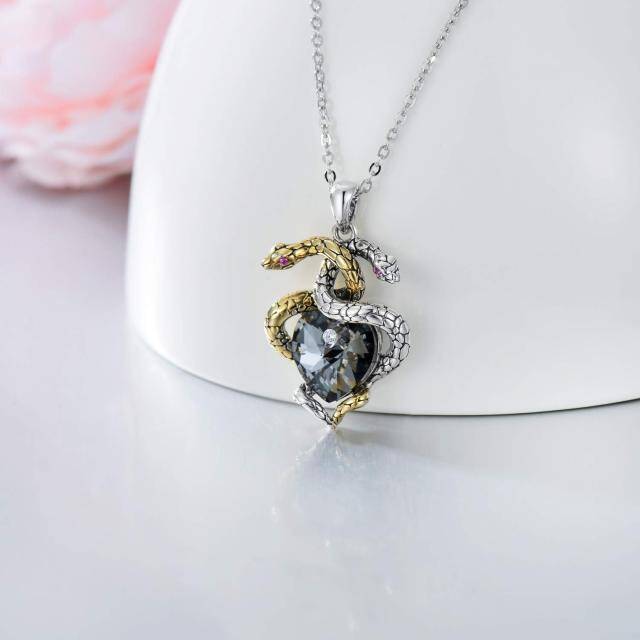 Sterling Silver Heart Crystal Snake Pendant Necklace-2