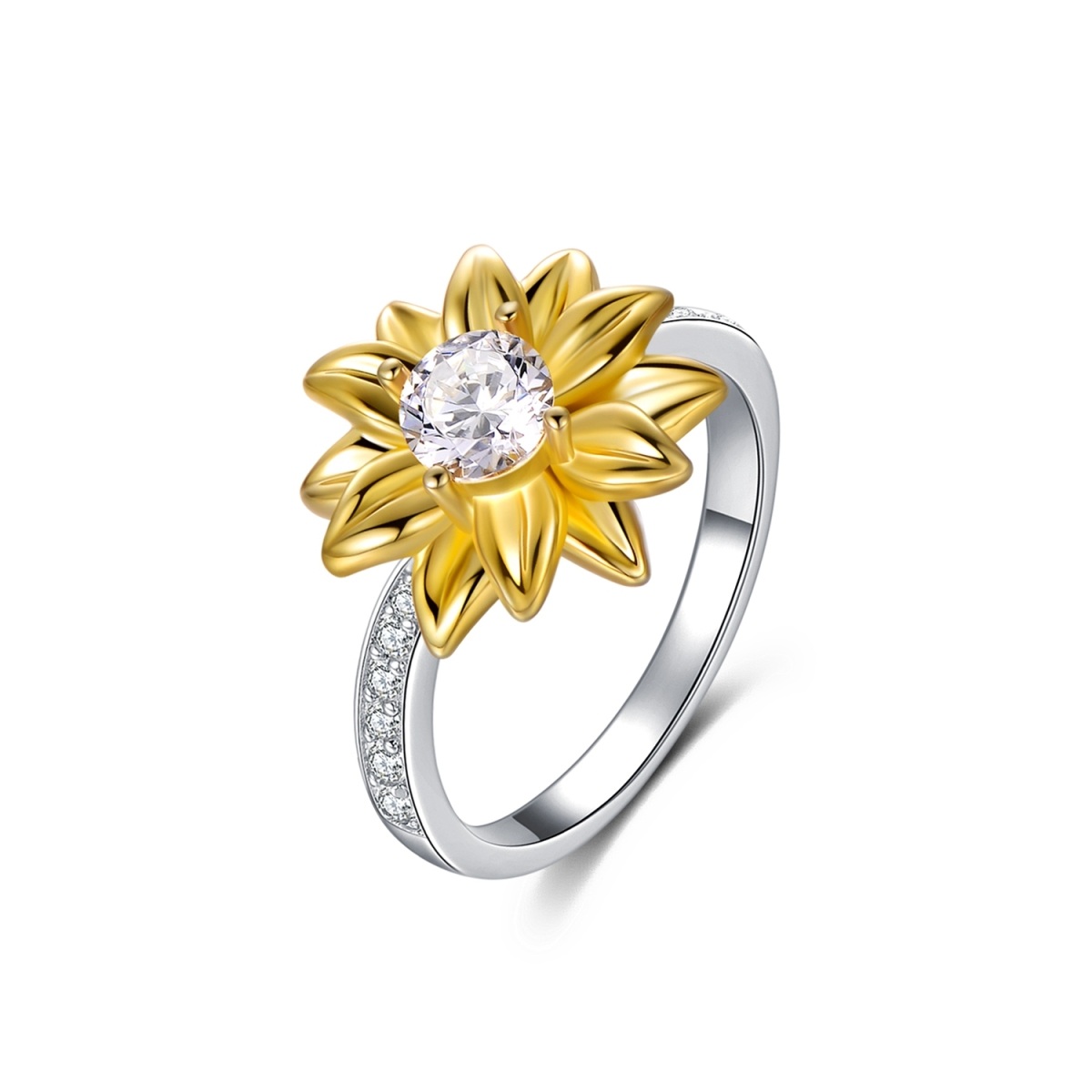 Sterling Silver Two-tone Circular Shaped Cubic Zirconia Sunflower Ring-1