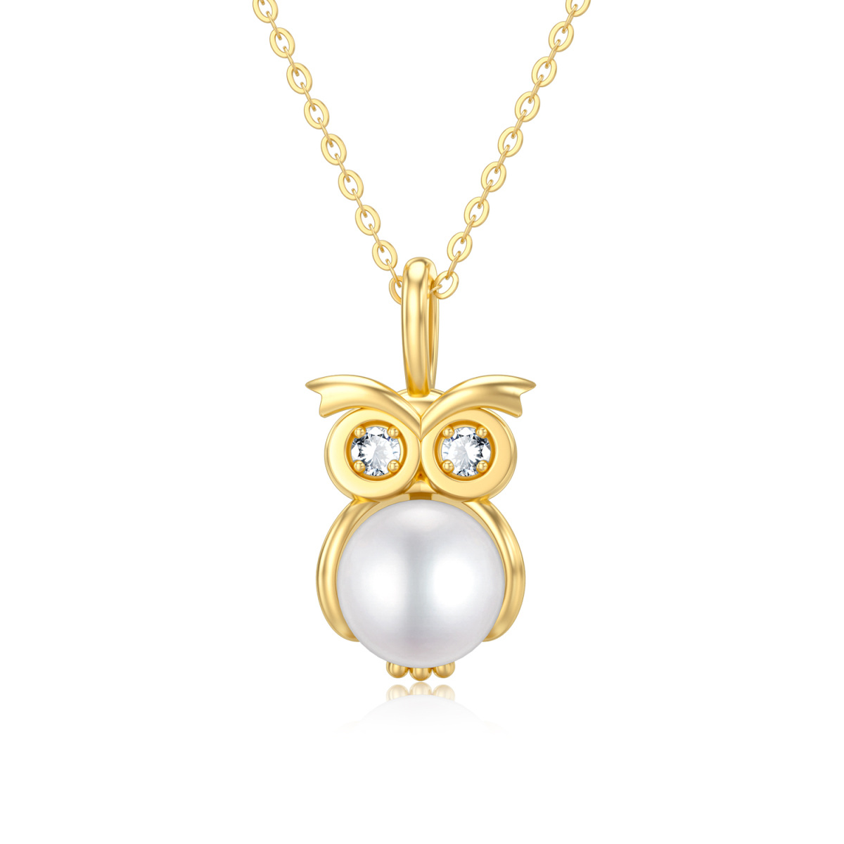 14K Gold Moissanite & Pearl Owl Pendant Necklace-1