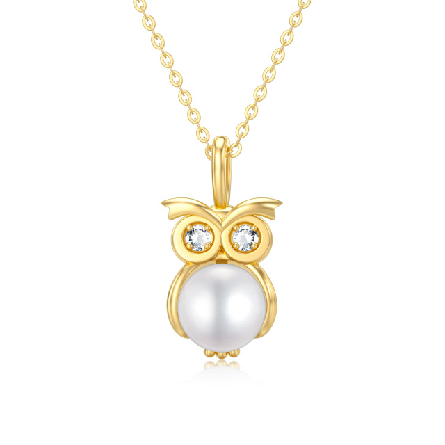 14K Gold Moissanite & Pearl Owl Pendant Necklace-0