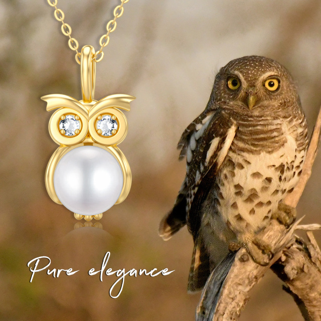 14K Gold Moissanite & Pearl Owl Pendant Necklace-1