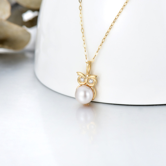 14K Gold Moissanite & Pearl Owl Pendant Necklace-3