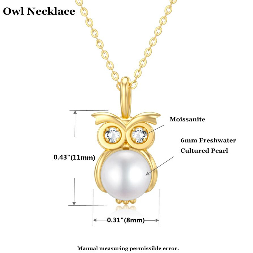 14K Gold Moissanite & Pearl Owl Pendant Necklace-6