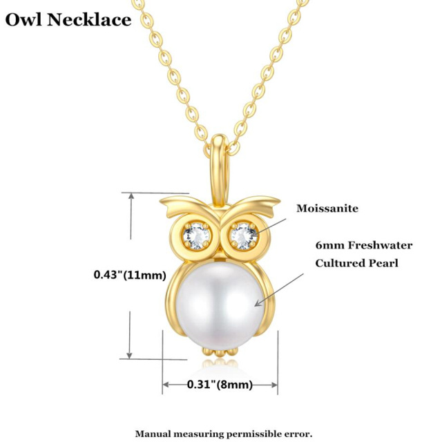 14K Gold Moissanite & Pearl Owl Pendant Necklace-5