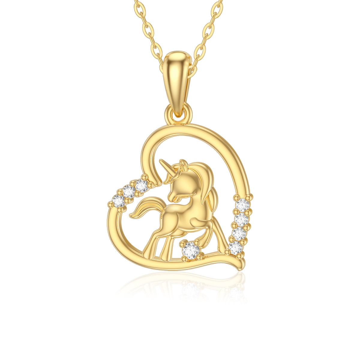 14K Gold Moissanite Heart & Unicorn Pendant Necklace-1