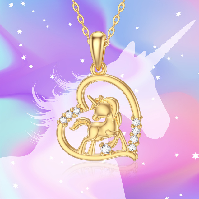 14K Gold Moissanite Heart & Unicorn Pendant Necklace-2