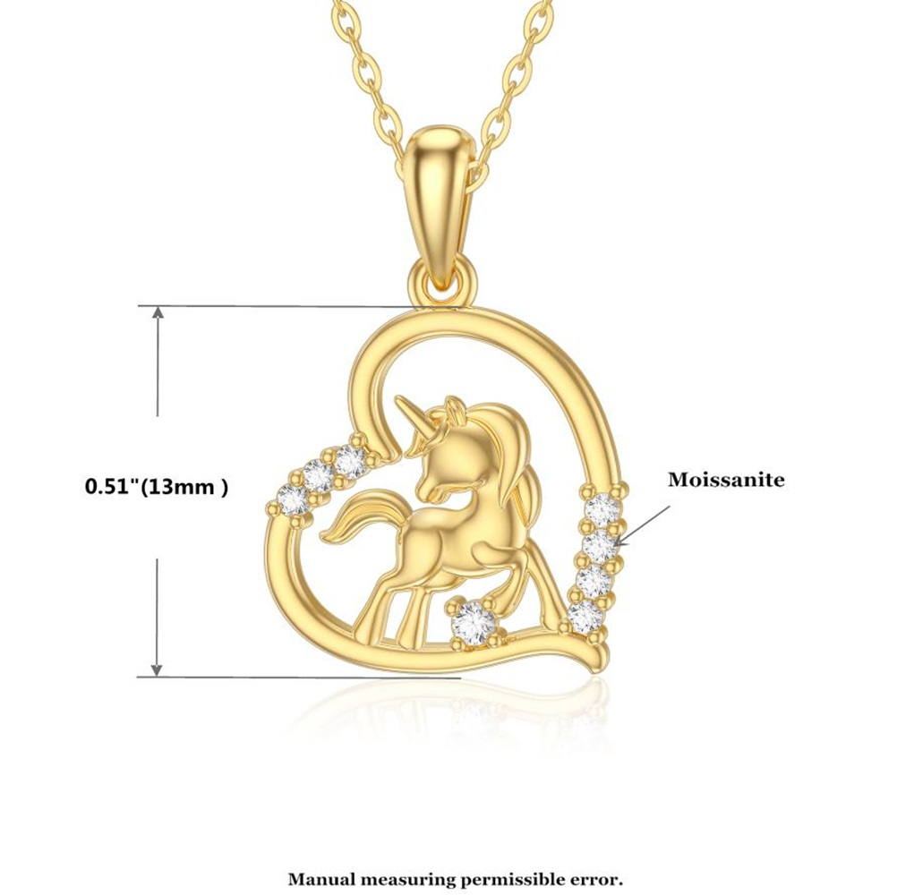 Collar de oro de 14 quilates con corazón de moissanita y unicornio-6